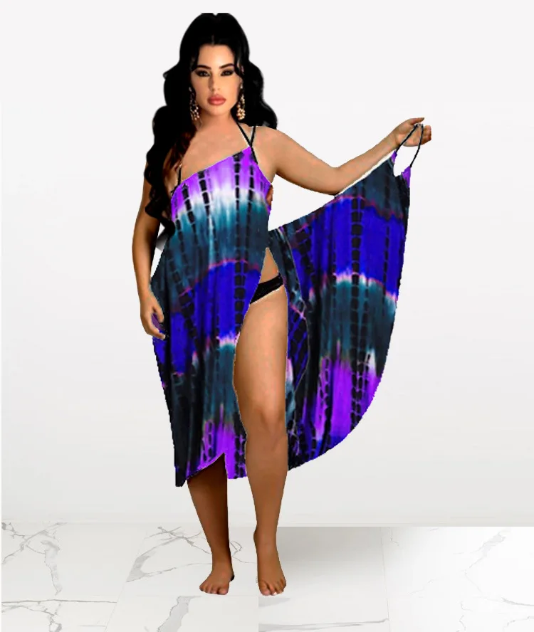 
2021 chic style printed spaghetti straps backless sexy patchwork dresses summer tie dye dress women 