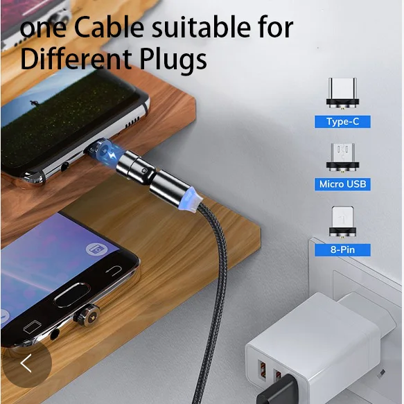 540 rotating magnetic usb cable micro type c USB 2.4A fast charge 3 in 1 540 magnetic charging cable for phone
