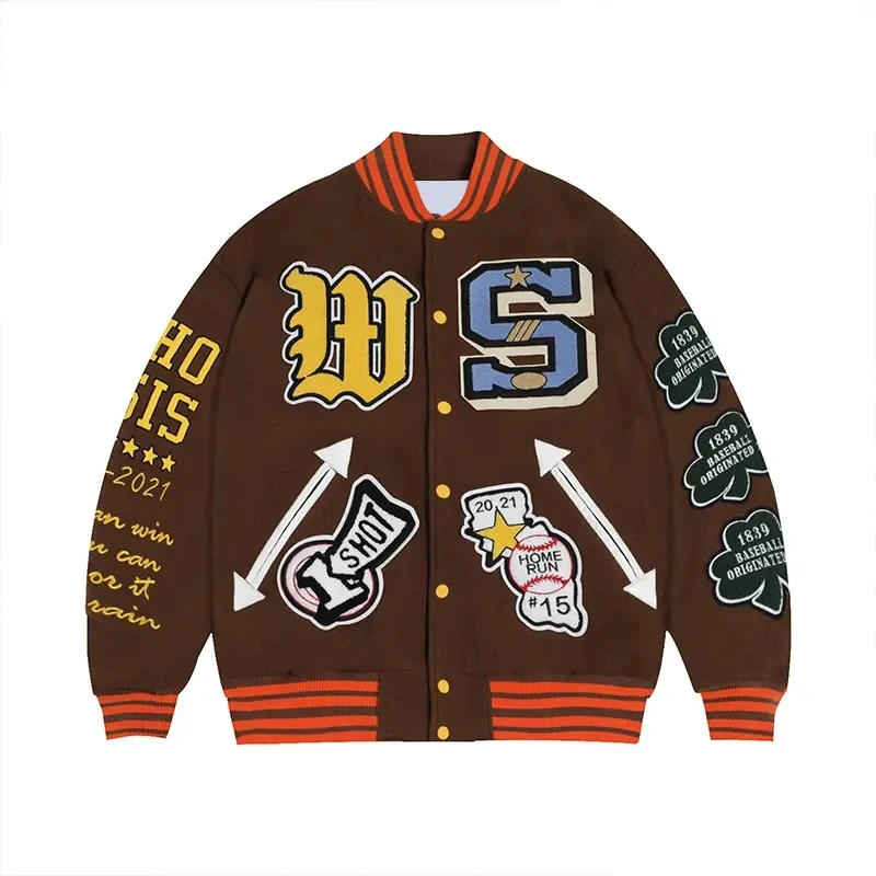 Streetwear Patches Fleece Letterman Jacket For Men Manufacturers Custom Embroidery Patches Baseball Unisex Bomber Varsity Jacket