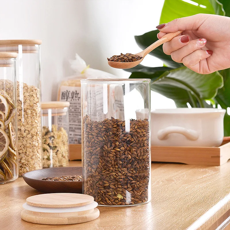wholesale 6.5cm 10cm airtight kitchen food storage spice jars glass containers for food storage with wooden bamboo lid