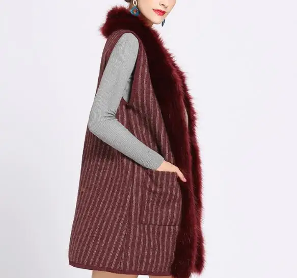 2022 winter sleeveless fashion stripes long women faux fur vest