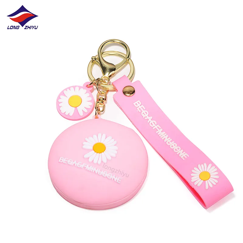 Longzhiyu Custom PVC Makeup Mirror Keychains Cute Pink Round Small Mirror with Flower Key Chains for Promotional Gifts