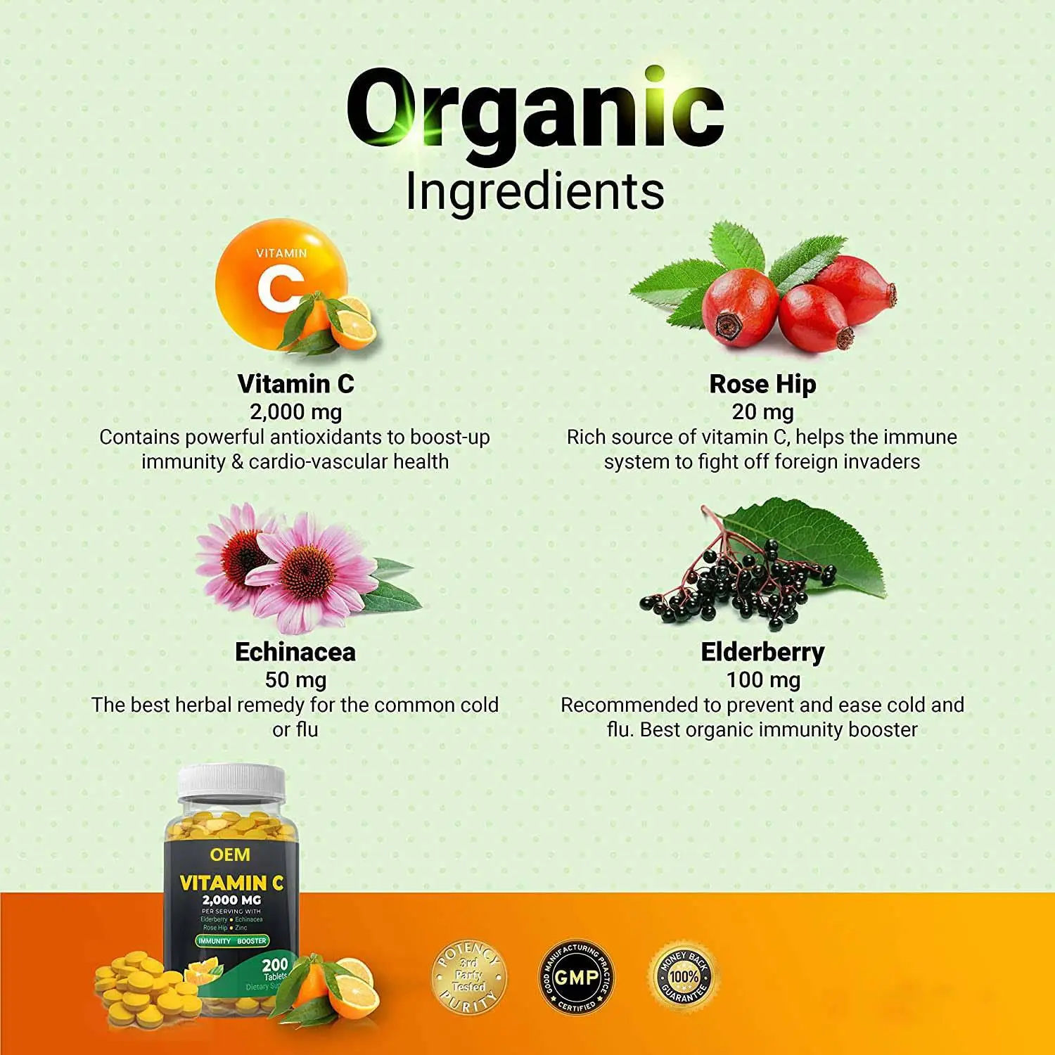 Hot Sale Oem All-Natural Support Elderberry Rose Hip Extract Vitamin C With Zinc Supplements Immune-Boosting Vitamin C Tablets