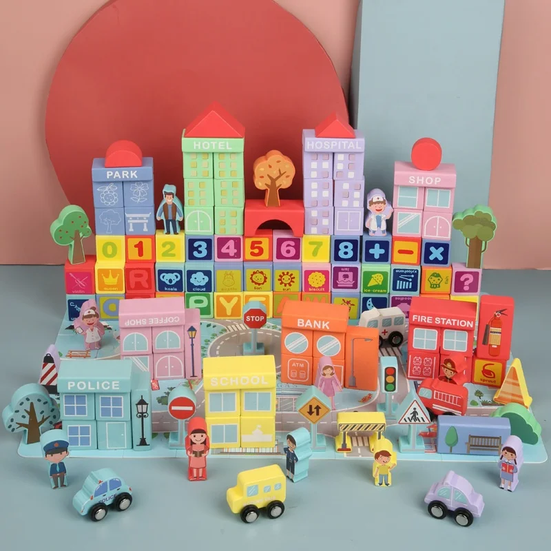 128 шт. раннего образования детей Макарон цвет древесины городская полиция строительные блоки детские деревянные цифры блоки