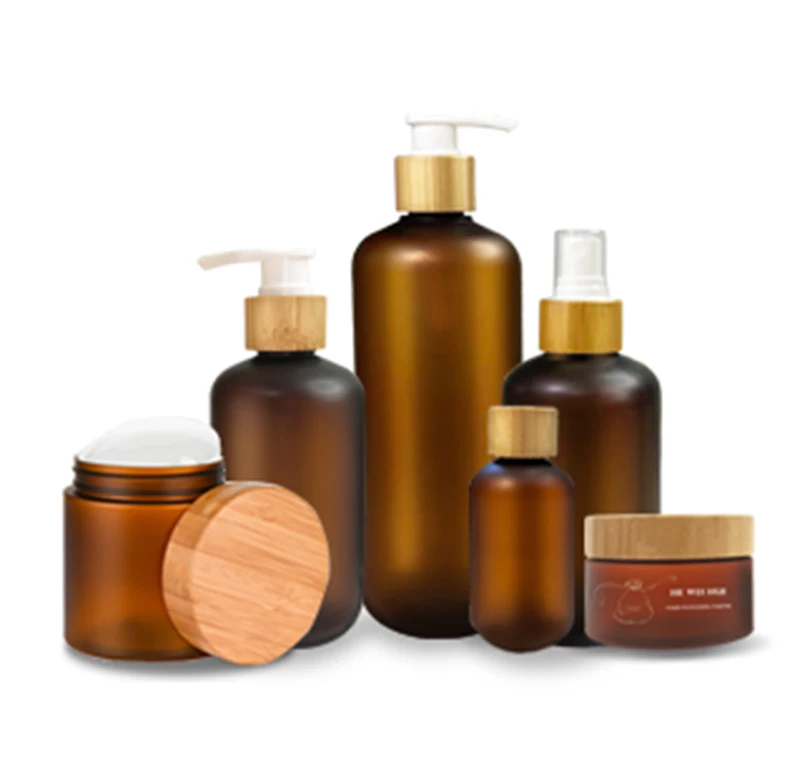 New arrival boston round plastic bottle shampoo empty plastic bottles amber plastic shampoo bottle with bamboo lid