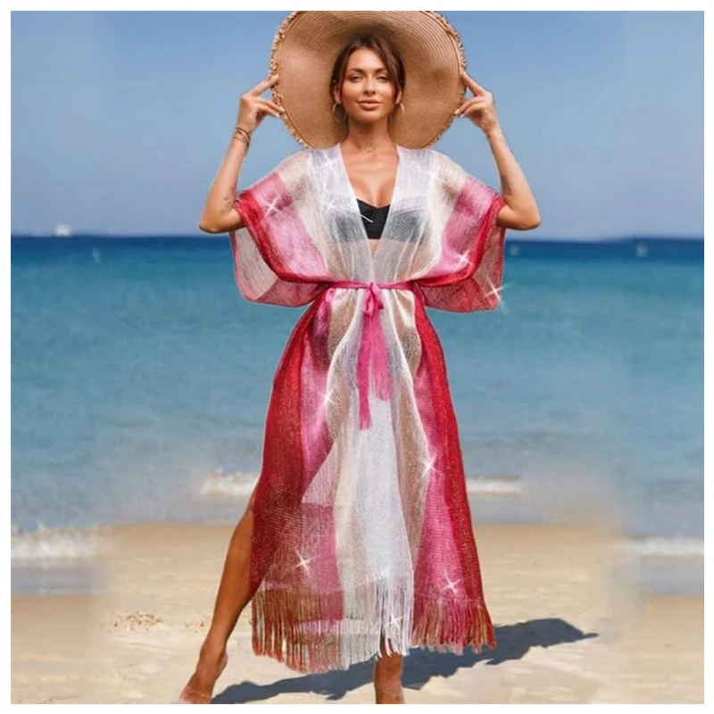 2024 оптовая продажа newong Vestido Feminino банный выход с бахромой разноцветная Радужная пляжная одежда женское праздничное платье