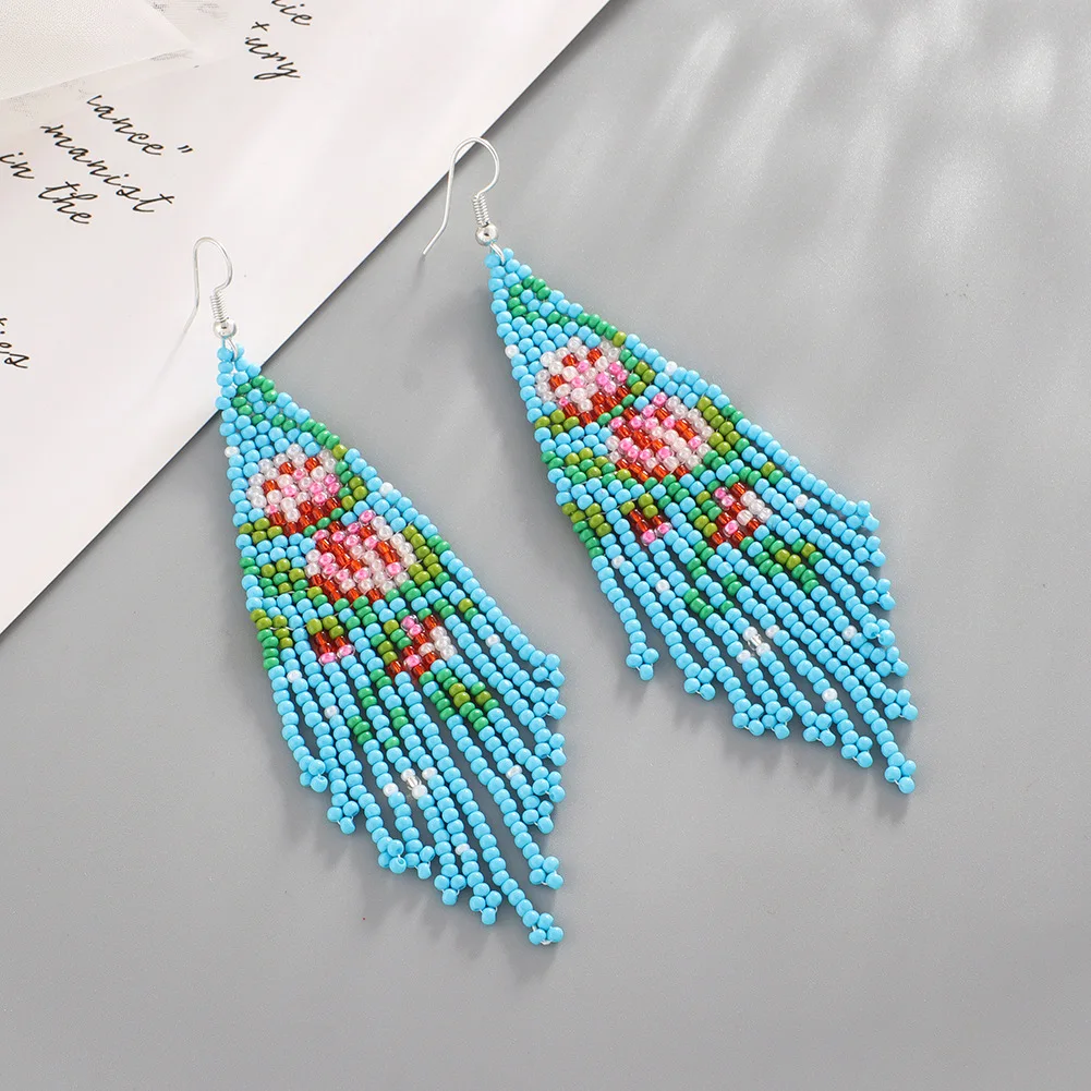 Black Blue Red Beaded Fringe Earrings Beadwork Long Rose Earring Dangle Boho Jewelry