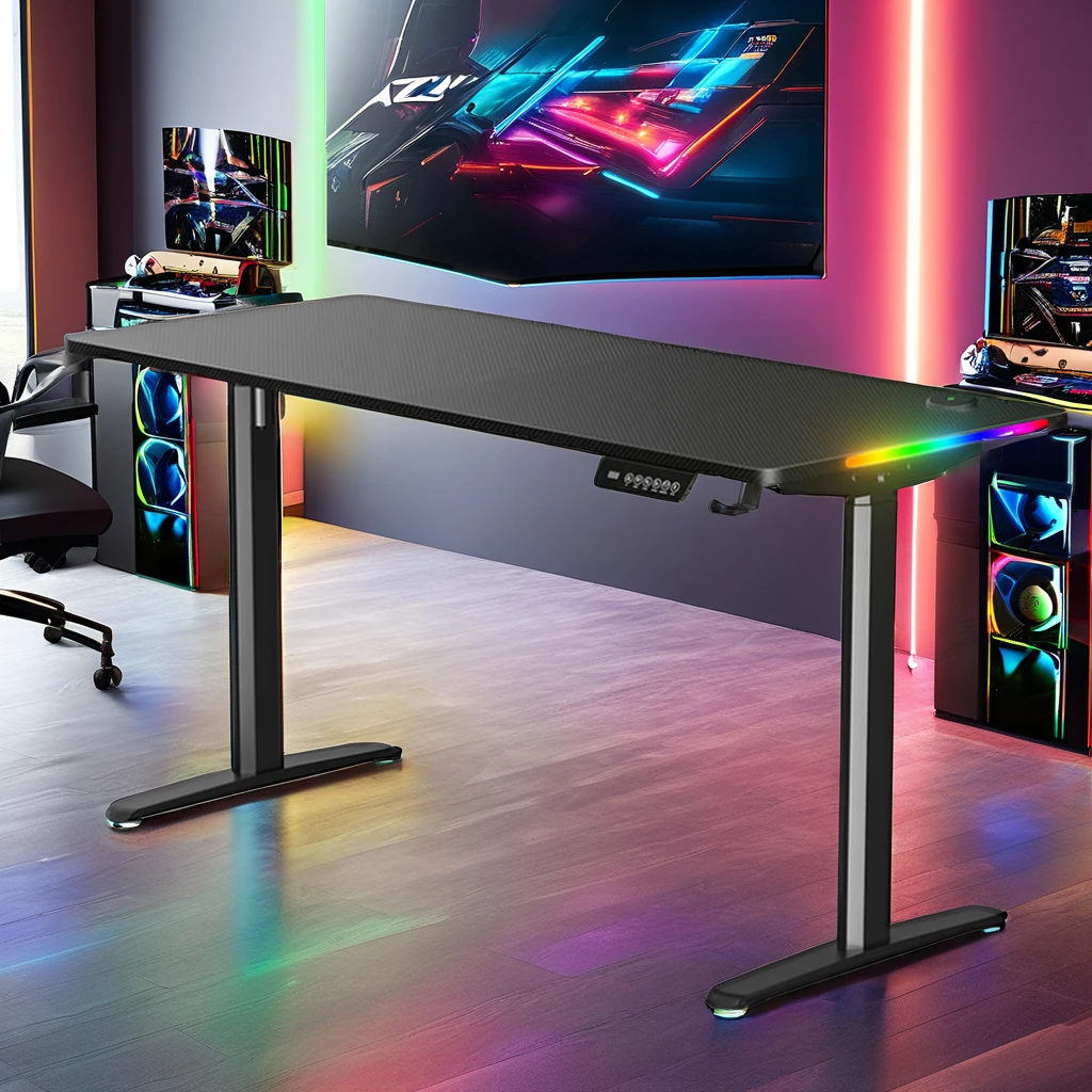 Gaming Desk Carbon Fiber Surface PC Computer Gamer Desk Ergonomic Workstation With RGB LED Lights Headphone Hook Cup Holder