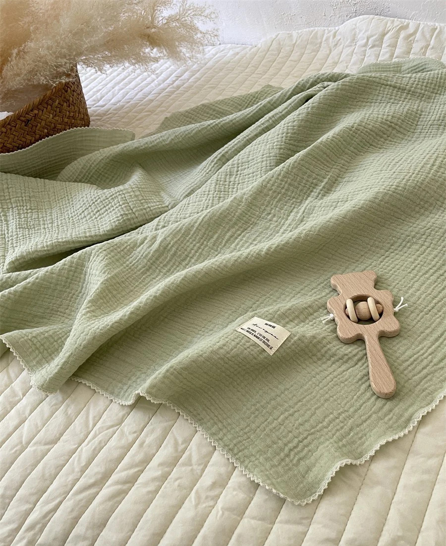 100% Crepe Cotton 4 Layer Super Soft Breathable Solid Baby Muslin Receiving Swaddle lace Blanket Swaddle