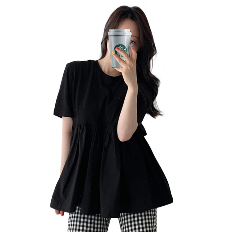 Japanese and Korean casual round neck short sleeve loose high waist puffy stitching umbrella top
