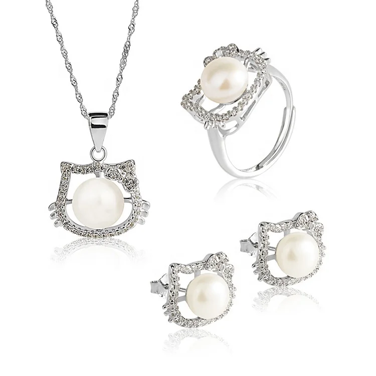 luxury high quality silver wedding hello kitty jewelry set fresh water pearl gemstone zircon necklace earrings ring jewelry sets