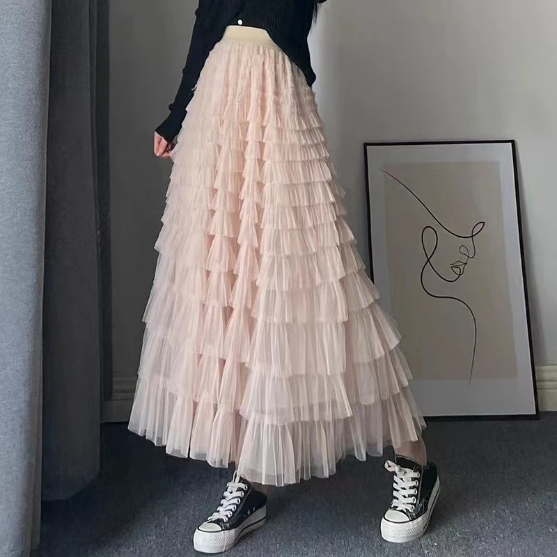 High Waist Ruffle Pleated Tiered Midi Flowy Pink Tulle Cake Skirts