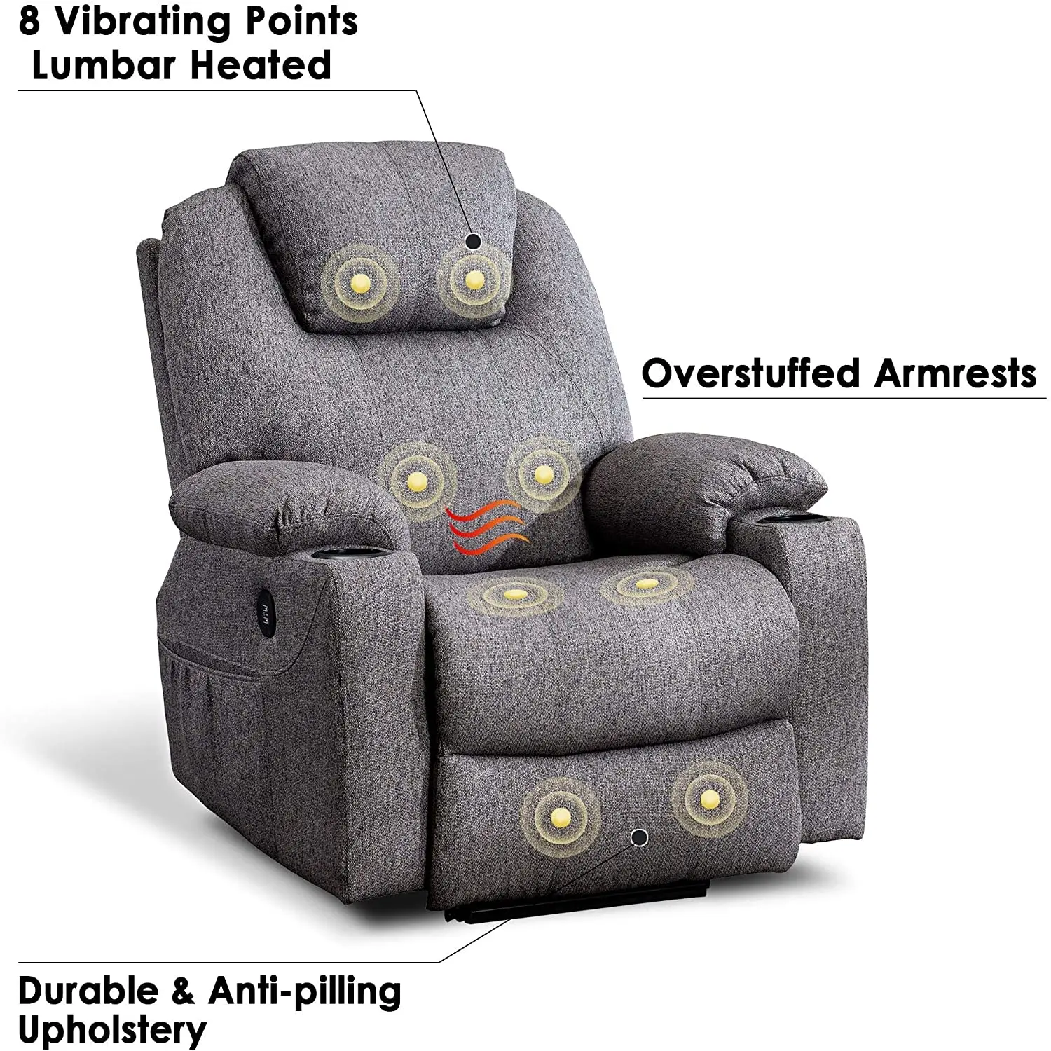 Electric Power Lift Recliner Chair Sofa with Massage and Heat for Elderly 2 Side Pockets