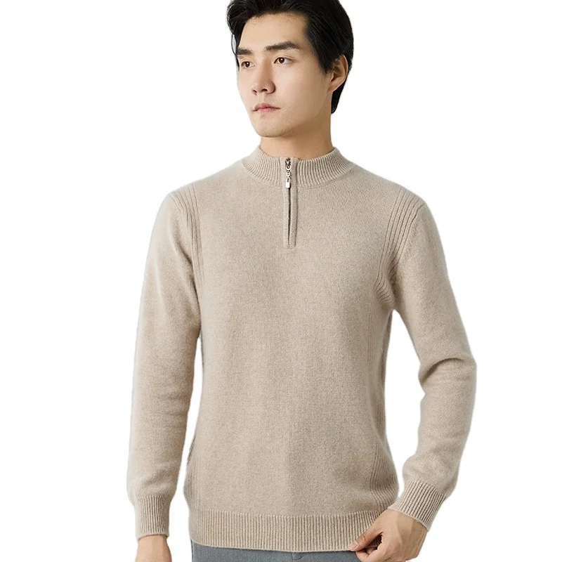 High Quality custom half zip neck thick 100% cashmere wool men sweater jumper knit warm cashmere polo sweater