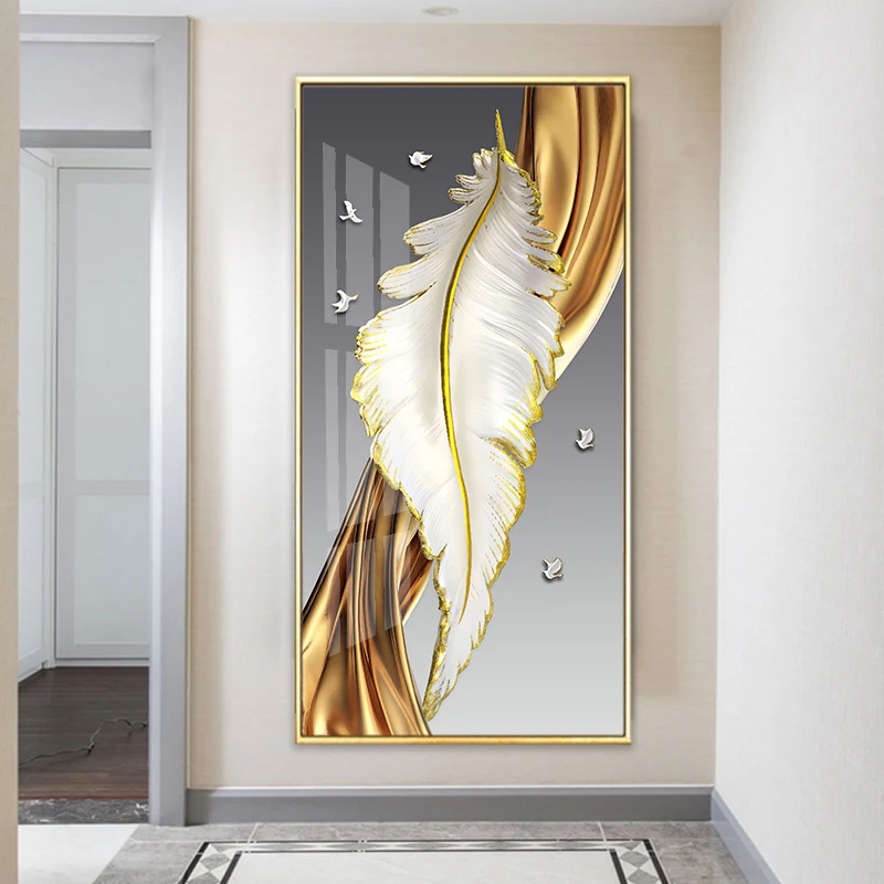 Nordic Luxury Abstract Wall Art Golden White Feathers Canvas Art Print Gold Ribbon Posters Home Decor Crystal Porcelain Painting