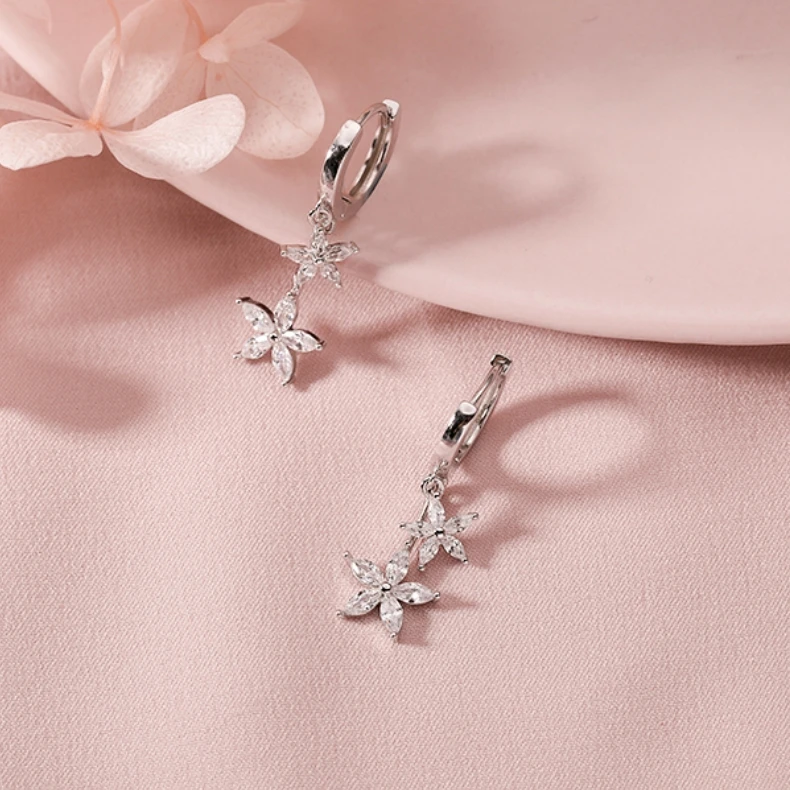 100% Real S925 Sterling Silver Dangle Drop Hoop Earrings Luxury Cubic Zirconia Flower Shape Pendant Hoops Piercing Earrings