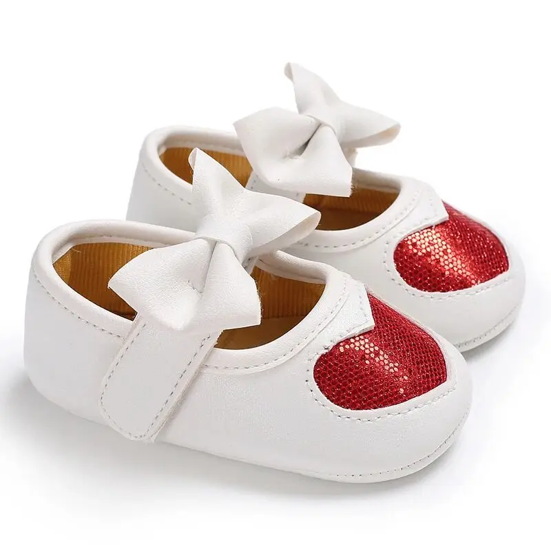 White Glitter Heart Kids Girls Mary Janes Newborn Baby Shoes with bow