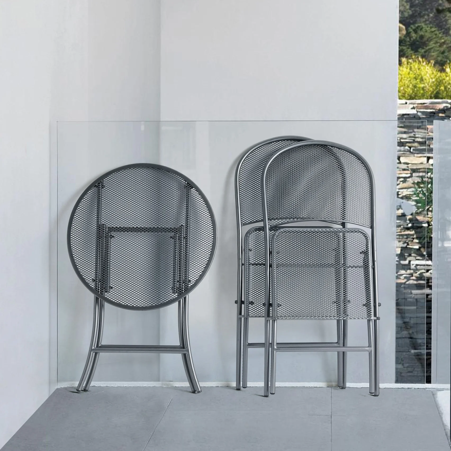 3 Piece Wholesale Modern Metal mesh Iron Folding Outdoor Chairs Table Garden Furniture Balcony Patio Bistro Set