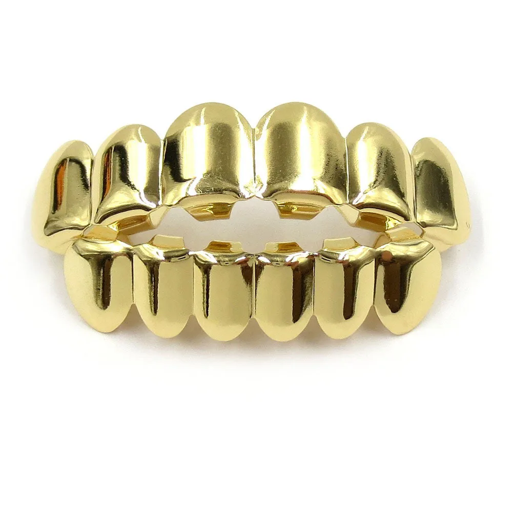 Hot Sale Hip hop Gold Plated Copper Grillz Plain 6 Teeth Top & Bottom Grills Set Body Jewelry Wholesale