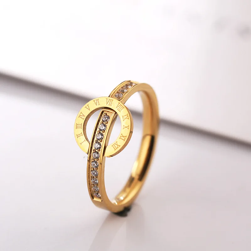 Amzaon Stylish Gold Plated Roman Numerals Full Diamond Band Rings No Fade Stainless Steel Round Circle Rhinestone Stacking Rings