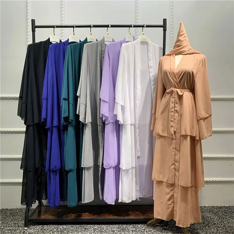 2022 New Arab Dubai 3 Layers Open Abaya Islamic Dresses Dubai Muslim Abaya Modern Islamic Front Open 3 Layers Abaya