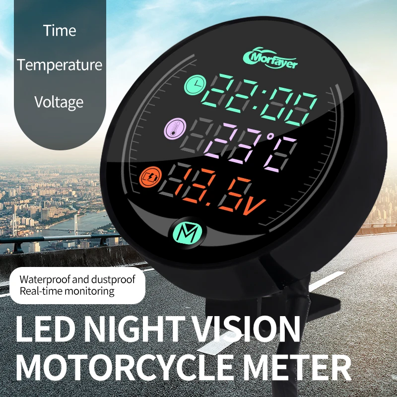 Waterproof LED Night Vision Motorcycle Meter Display Time Temperature Voltage
