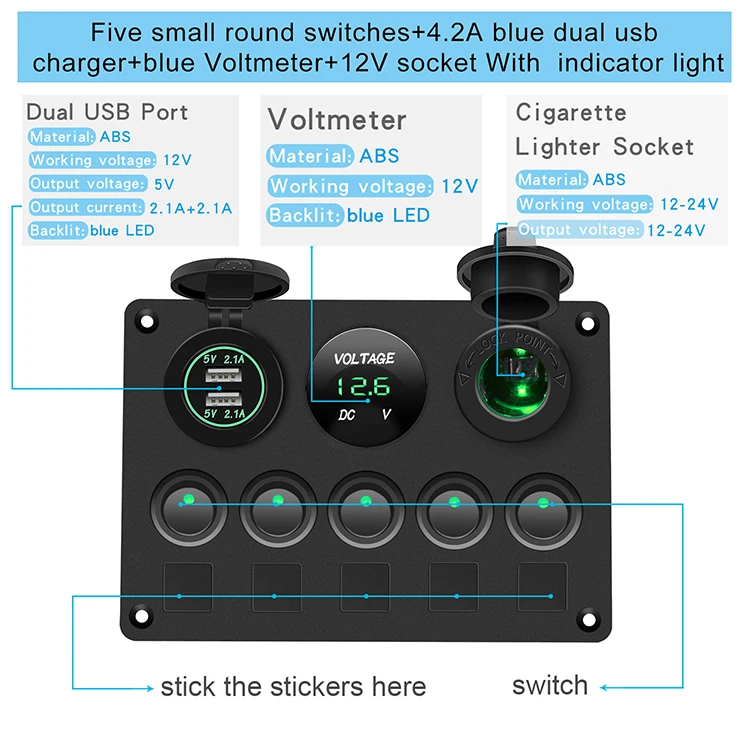 5 Gang Marine Switch Panel 12v With Usb Charger Socket And Voltage Meter