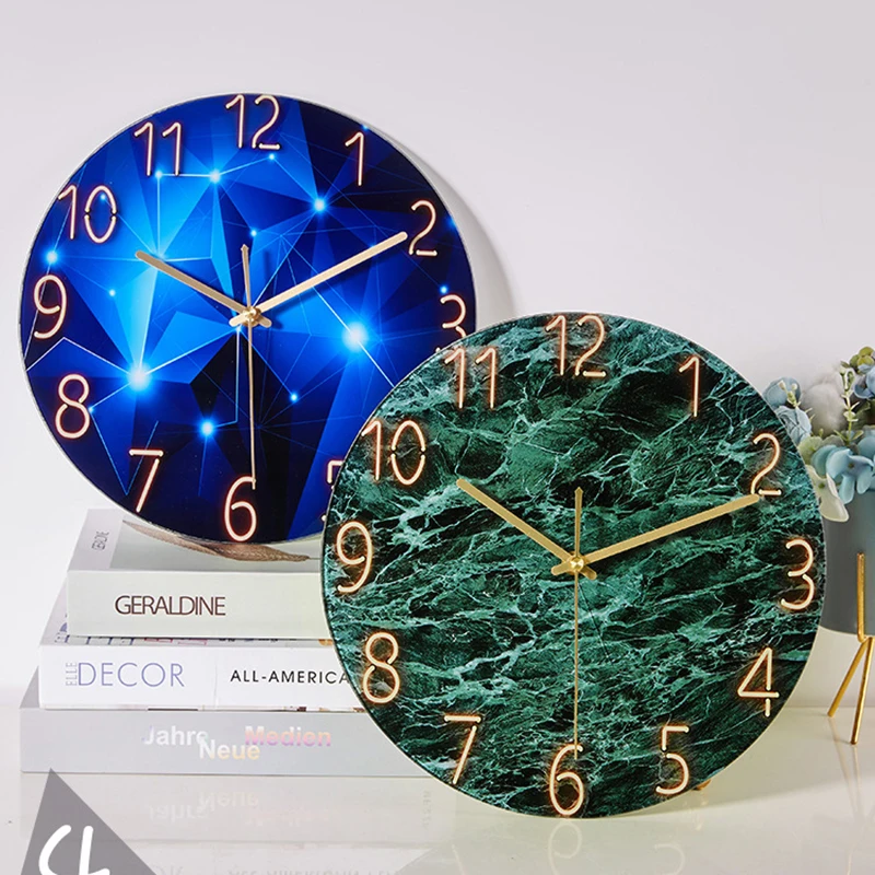 Wholesale Custom Marble Design Glass Wall Clock Printed Classic Silent Quartz Wall Watch Clocks