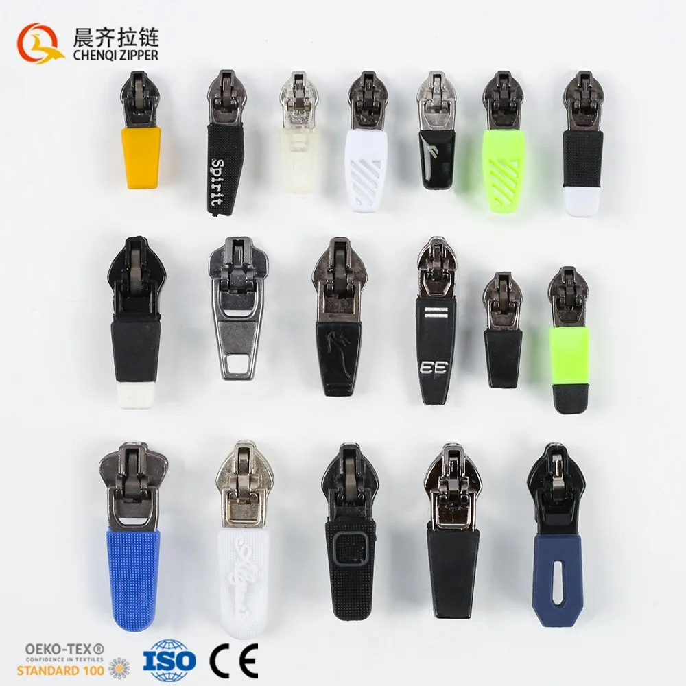 Chenqi Wholesale Quick Design Logo Molded Colourful Custom Rubber Zipper Puller Spring Lock Zipper Sliders For Clothes
