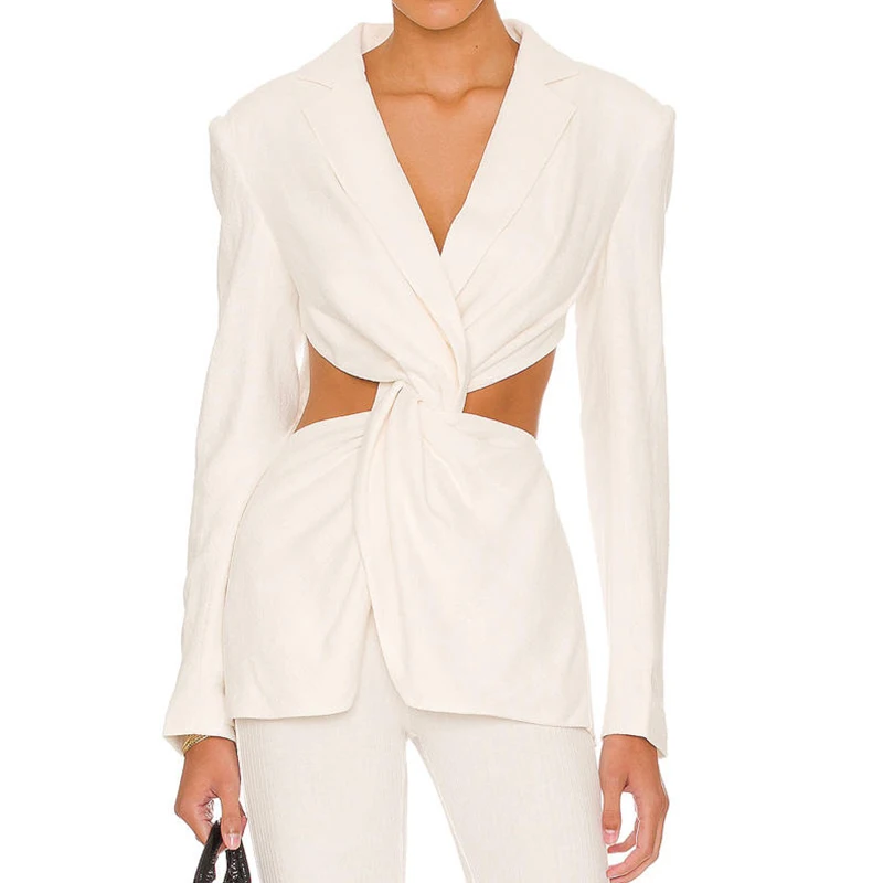 OEM Padded Shoulder Long Sleeve Twist Front Back Zipper Cut out Pull-on Blazer Women