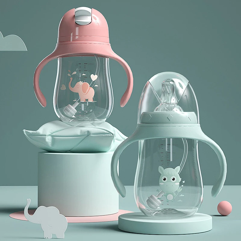 Amazon Hot sale Soft Spout Sippy Baby Water Wide Mouth Bottle Feeding Bottle Newborn Learner Baby Bottle