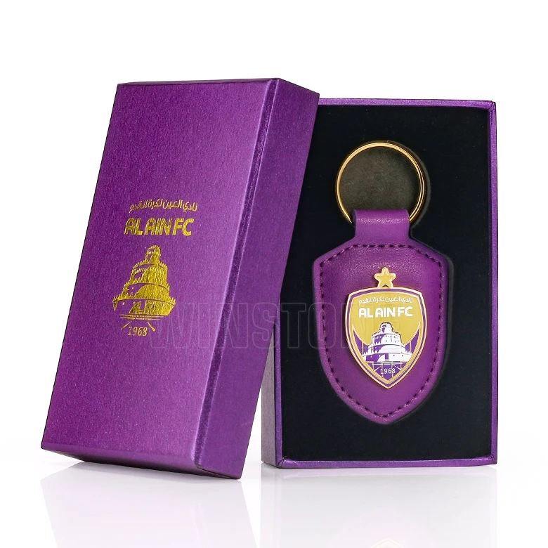 Custom Padded Shield Genuine Leather Key Fobs with Hard Enamel Metal Tags for Football Team Club