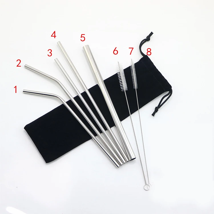 Custom 304 stainless steel metal drinking straws set with brush cleaners 304 stainless steel straw