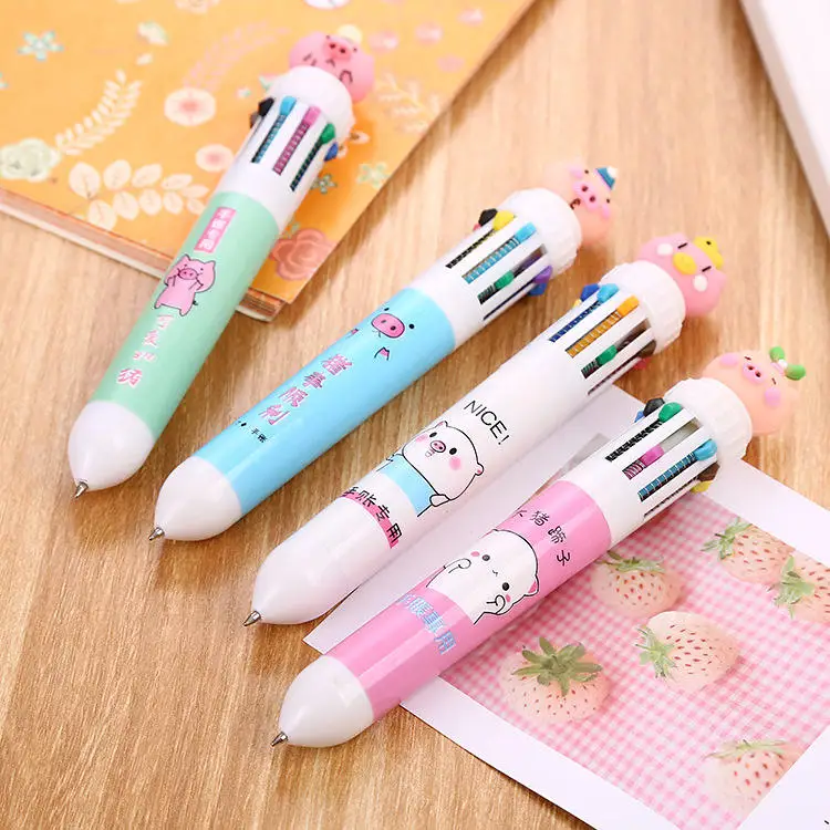 Korea Japan Creative Stationery 10 In 1 Multicolor Ballpoint Pens Cartoon Unicorn Flamingo 0.5mm Plastic Pen