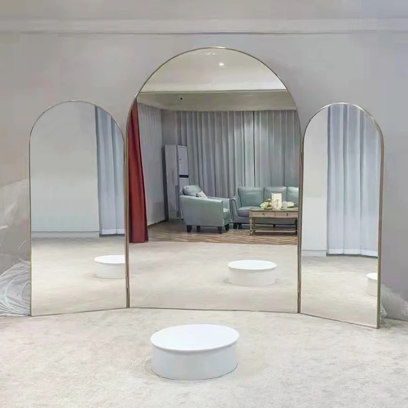 Custom Large Arched Three-fold Mirror Wedding Dress Fitting Standing Mirror Aluminum Frame Full-Length Floor Mirror for Shop