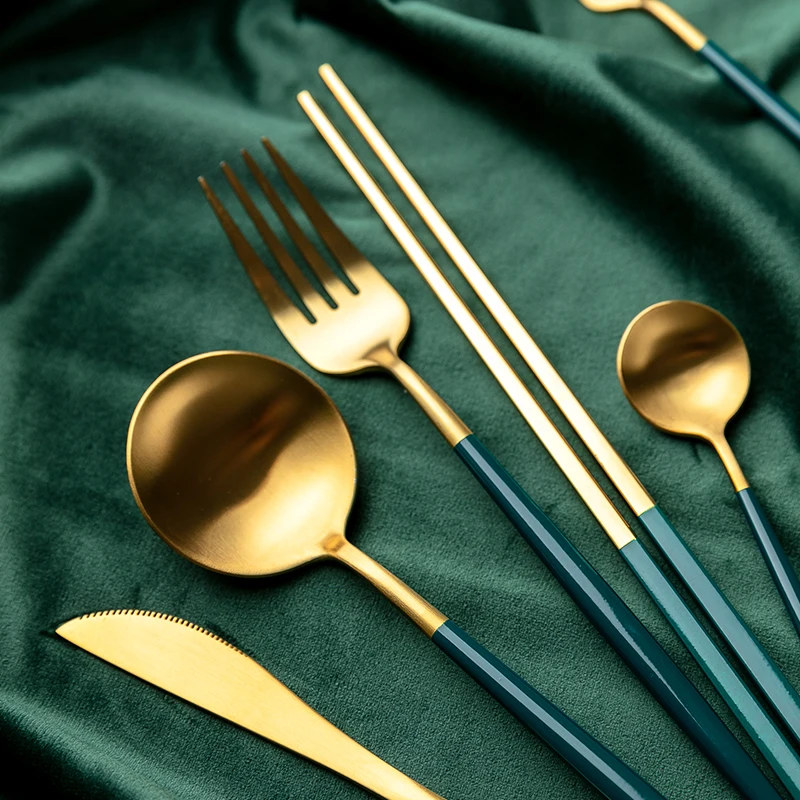 
Jade-cer colorful handle 304 Stainless Steel Gold Cutlery Set big small spoon fork knife chopsticks set 