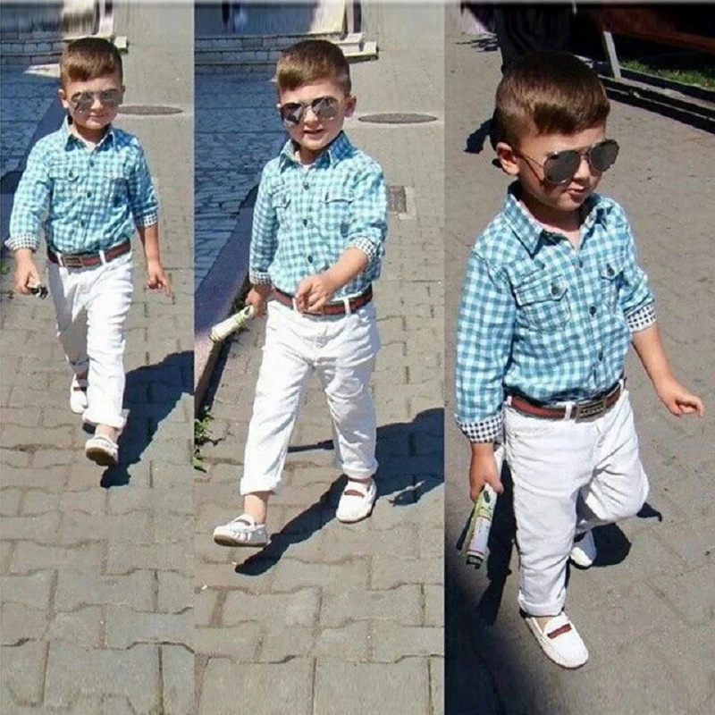 wholesale children clothes blue plaid boys shirt white pants two pieces boys wear kids clothing sets