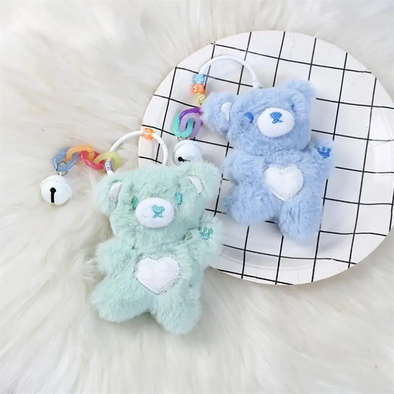 Cartoon Cute teddy bear plush keychain tos Small Pendant Children Xmas Gift Girl Heart Bag Ornament Charm KeyRing with Bell