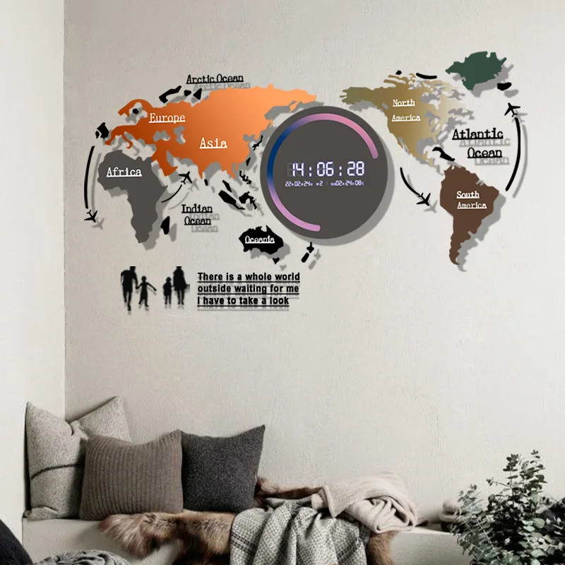74x34cm wall Decorative Acrylic Digital Wall Clocks Creative World Map Shape Smart Led Clock with Calendar