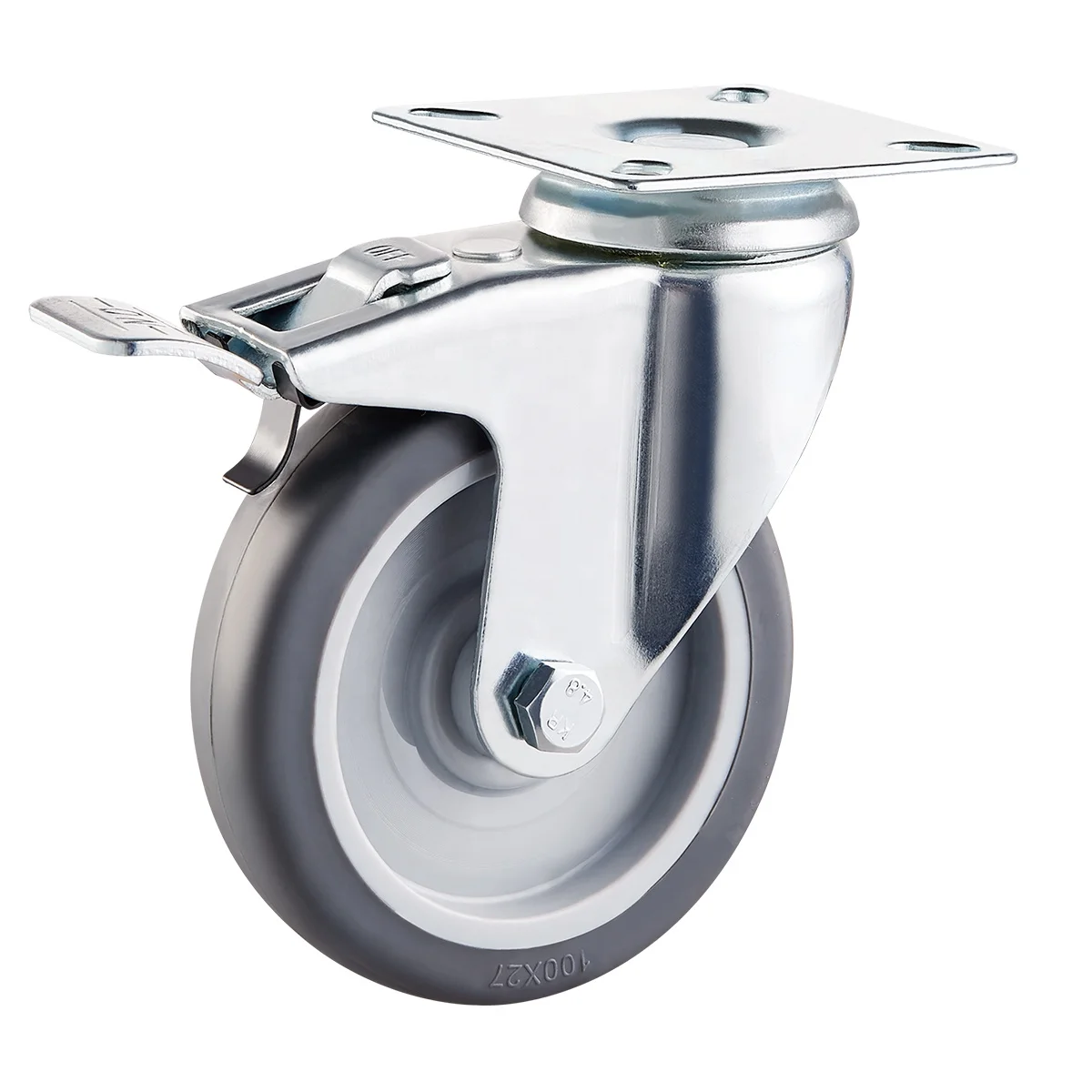 Bolt caster wheel with brake 4inch grey TPR swivel rubber roller 100mm castor with lock