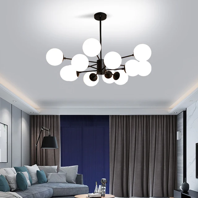 Светодиодная современная стеклянная железная люстра черного цвета, креативный подвесной светильник для дома, гостиной, ресторана