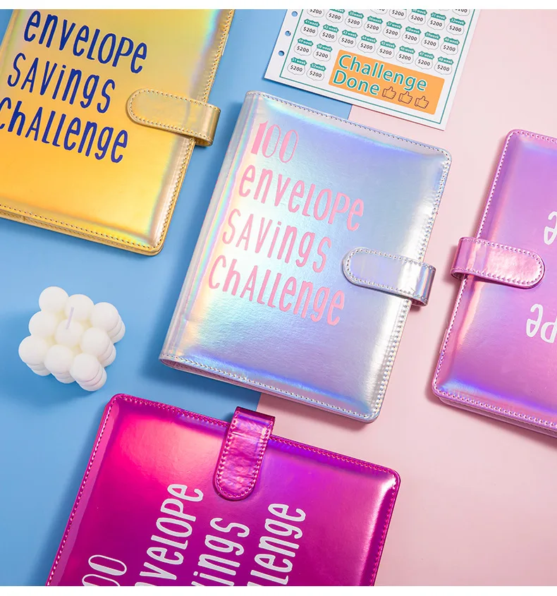 Colorful cash savings challenge envelope loose-leaf books with stickers and transparent bags for budget planner