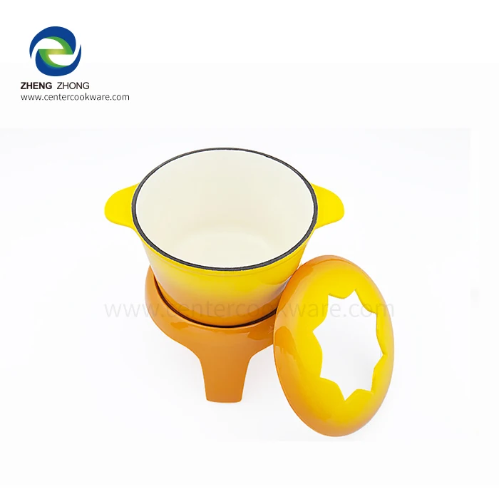 Wholesale factory price cast iron enamel cooking chocolate melting cheese tool hot pot fondue with triple-legs stand