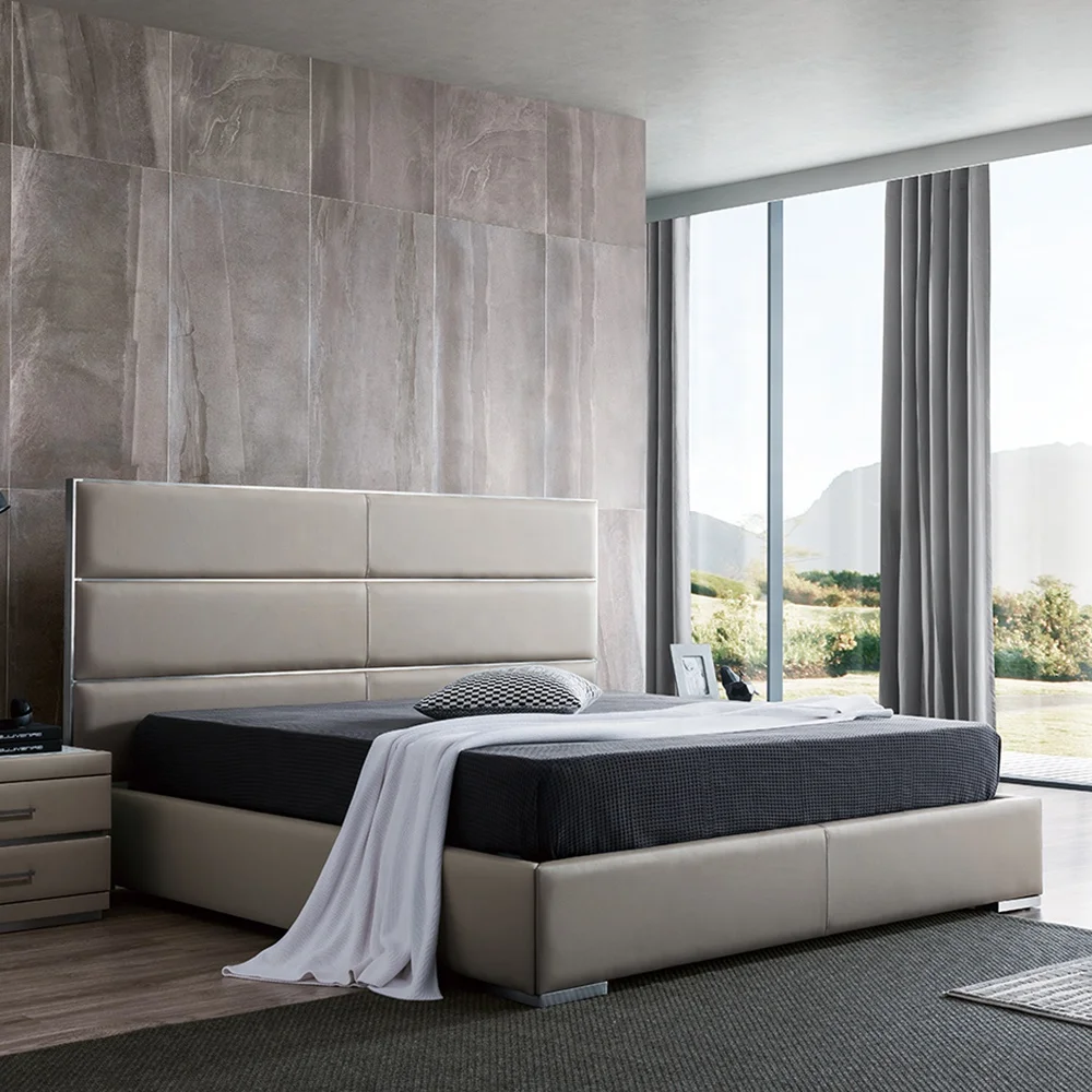 
Double Bed Solid Wood Frame Leather Bed/Upholstered Queen Size High Back Bedroom Furniture 