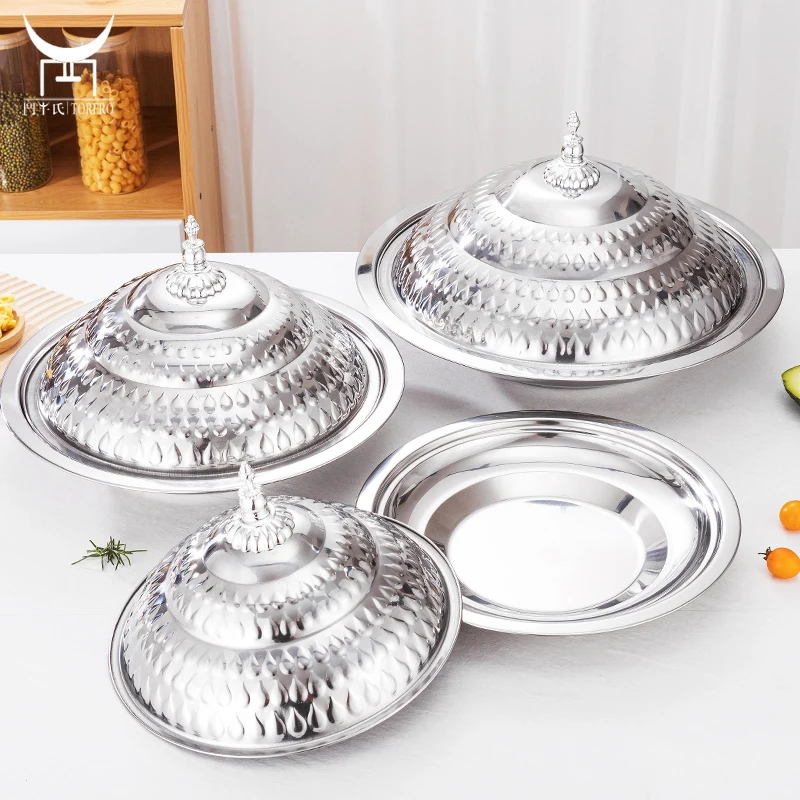 Gold Dinner Plate Hotel Buffet Plate Restaurant Tableware Banquet Food Plate Dish Stainless Steel Round Serving Tray With Lid