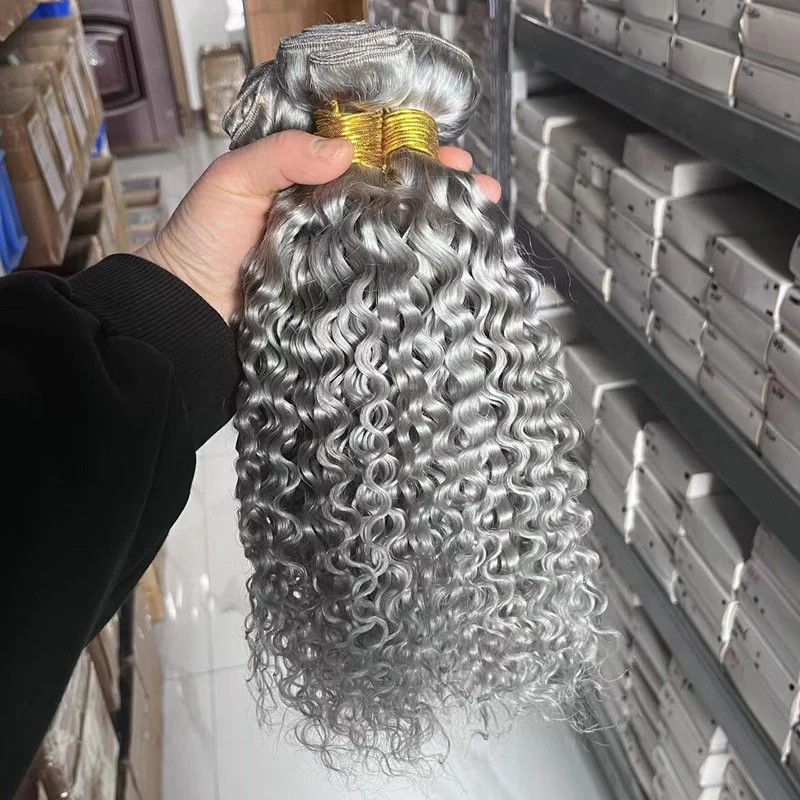 Silver grey brazilian kinky curly virgin human hair weaves 100g per bundles pure remy hair extensions with lace frontal