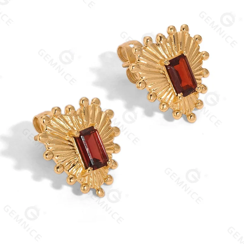Gemnel high quality sunburst studs rectangular garnet stones classic 14k gold heart 925 sterling silver earring