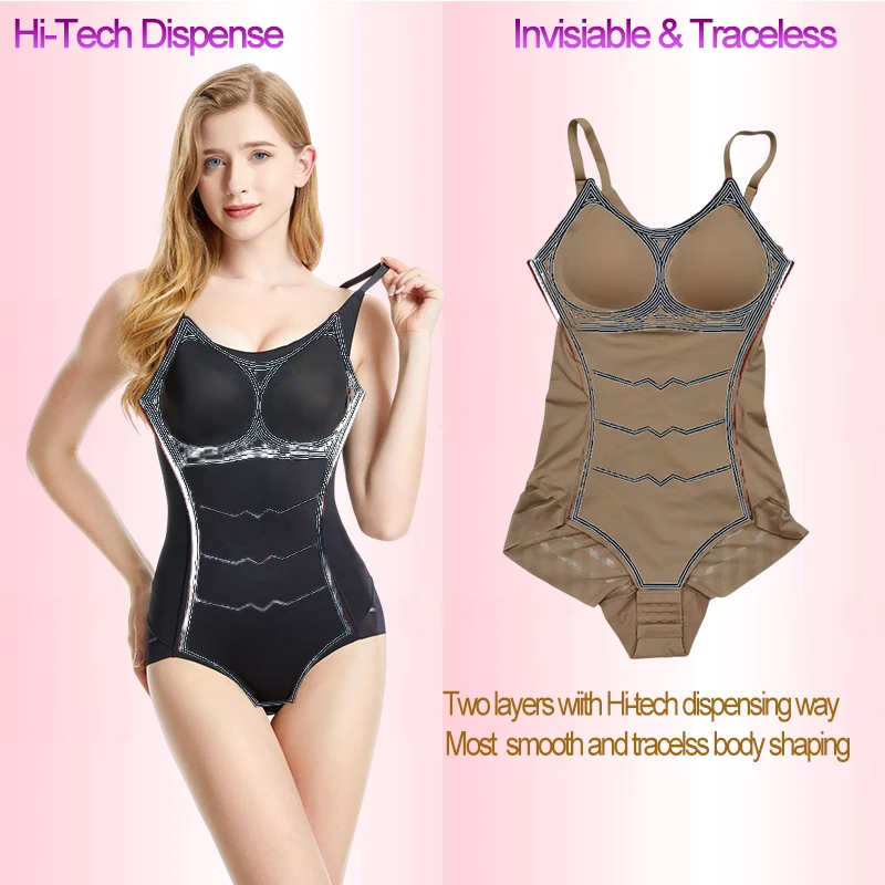 Traceless Women Tummy Control Bodysuit Shaper Seamless Bodybriefer Shapewear with Removable Bra Comfortable Wireless One-piece