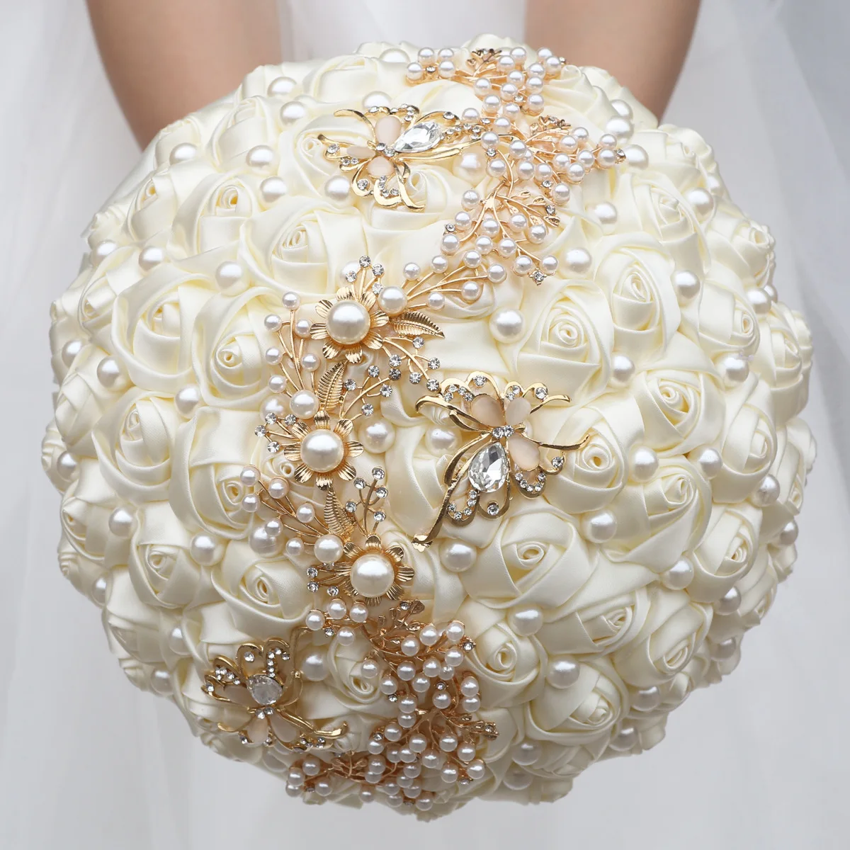 Yopin-1370 High Quality Wedding Bride Bouquet Satin Ribbon Beaded Rose Foam Flower Bouquet