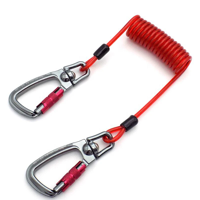 OEM professional dive gear tool spring coil lanyard with stainless carabiner snap clips safety rope steel wire fishing lanyard